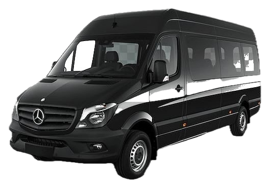 Black Mercedes-Benz Sprinter 15-seat minibus, side view